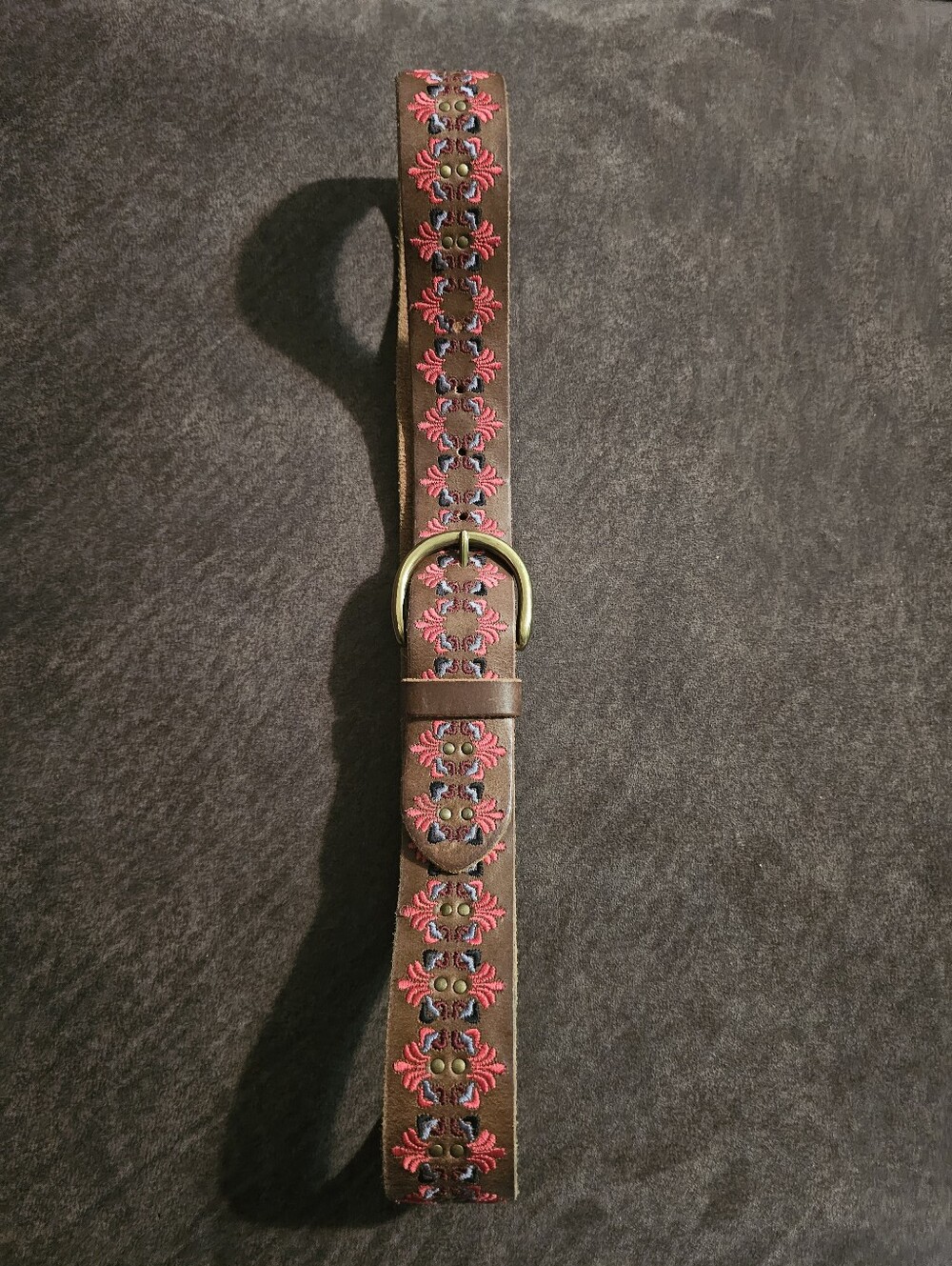 Lucky Brand brown leather belt featuring pink and blue embroidered floral detail
